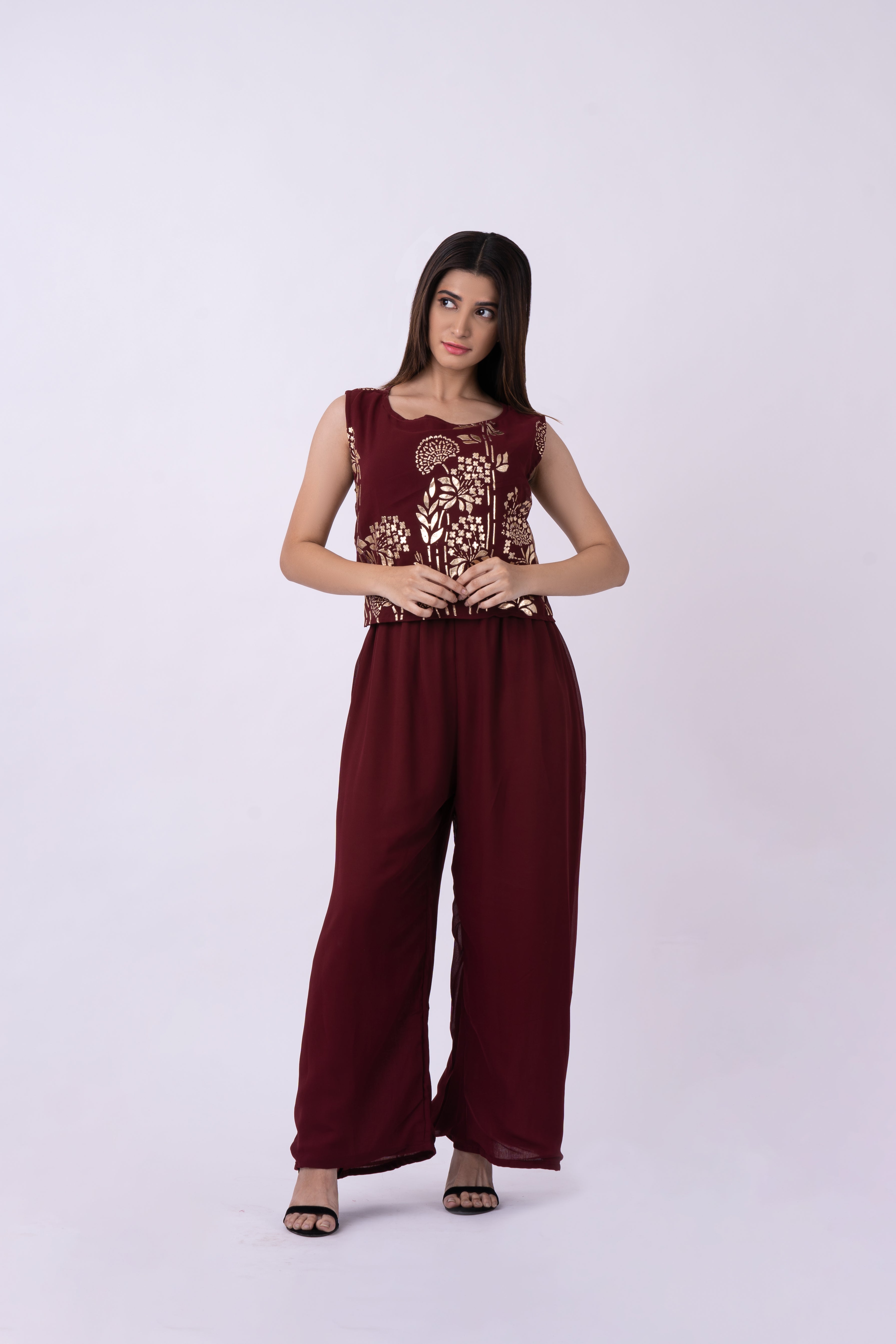 Vedic Maroon Embroidered Jumpsuit for Women