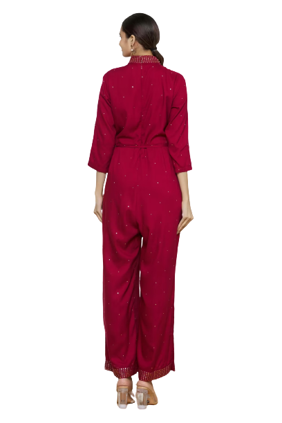 Vedic Maroon Embroidered Jumpsuit for Women