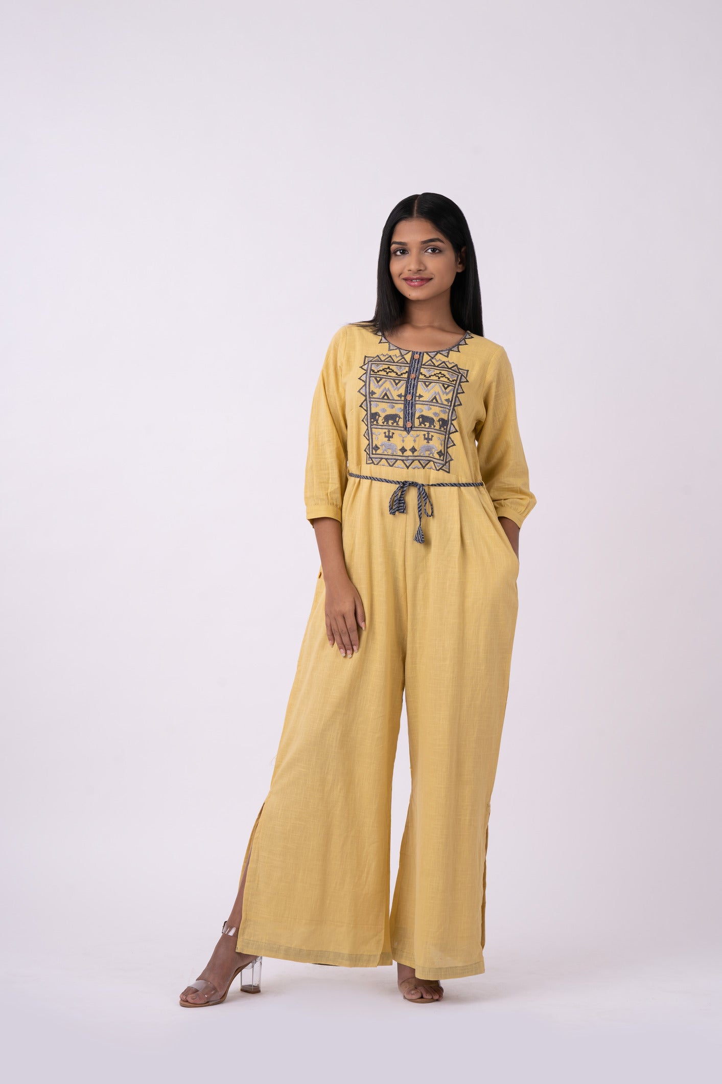 Vedic Yellow Embroidered Jumpsuit for women