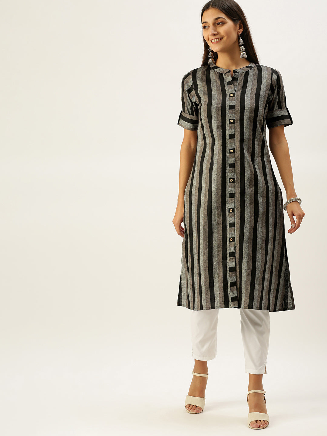 Vedic Women Black  Grey Striped Pure Cotton Kurta