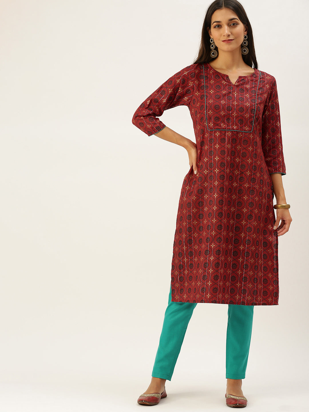 Vedic Women Red Ethnic Motifs Printed Pure Cotton Kurta with Trousers
