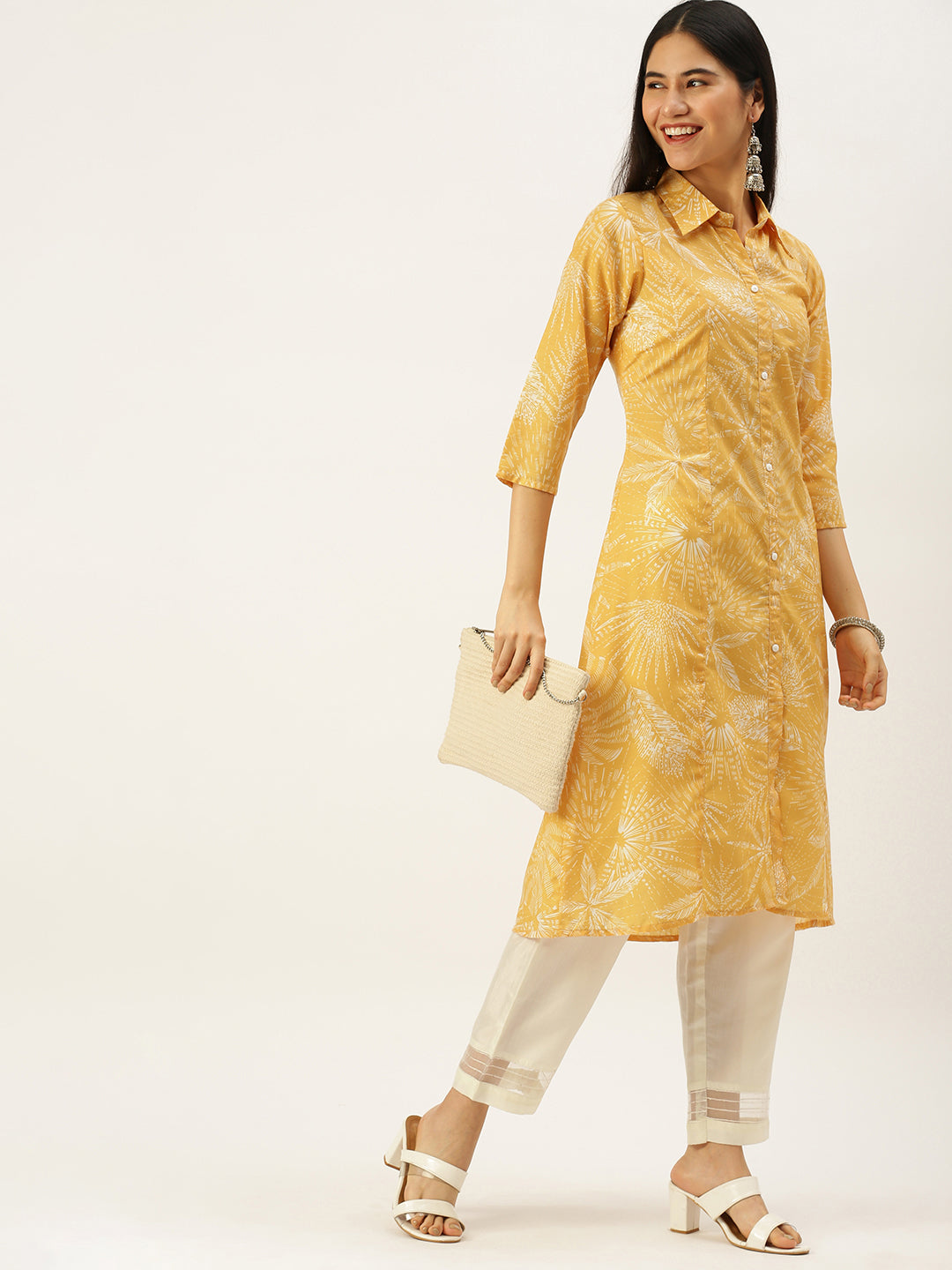 Vedic Women Yellow  White Tropical Printed Pathani Kurta