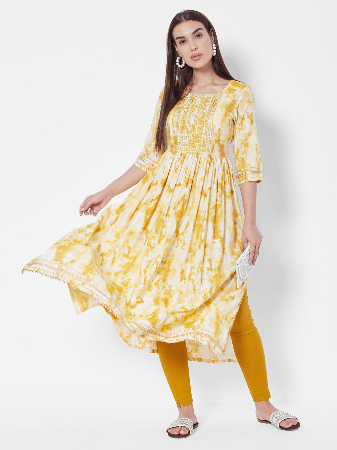 Vedic Women Yellow Floral Dyed Pleated Chanderi Silk Kurta with Trousers