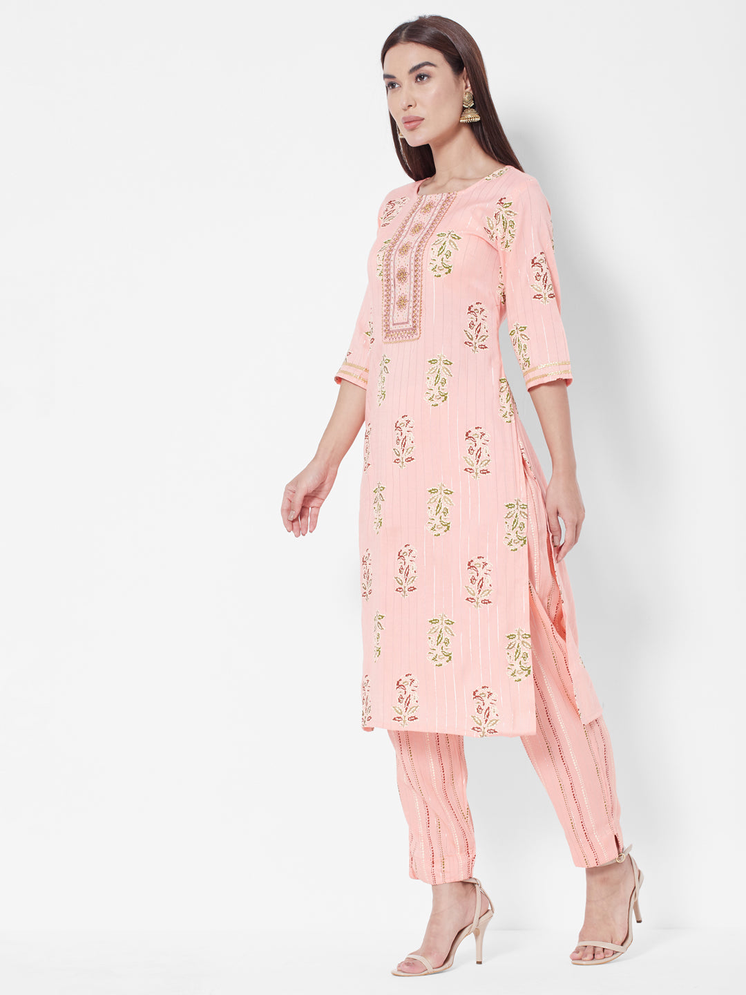 Vedic Women Peach-Coloured Floral Printed Thread Work Kurta with Trousers