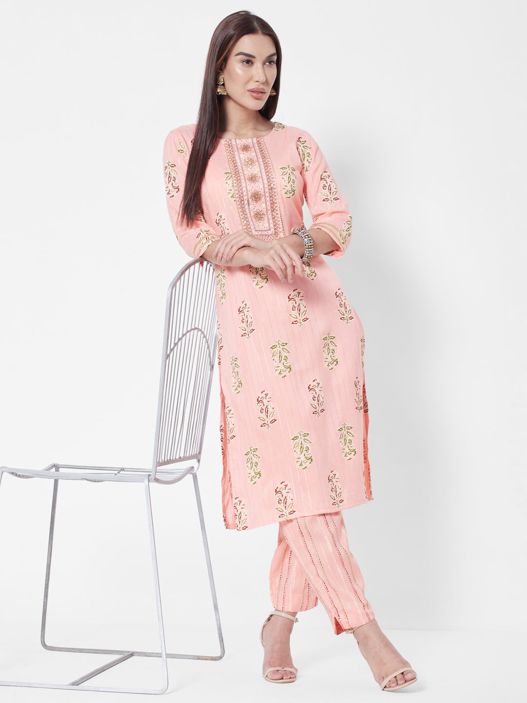 Vedic Women Peach-Coloured Floral Printed Thread Work Kurta with Trousers
