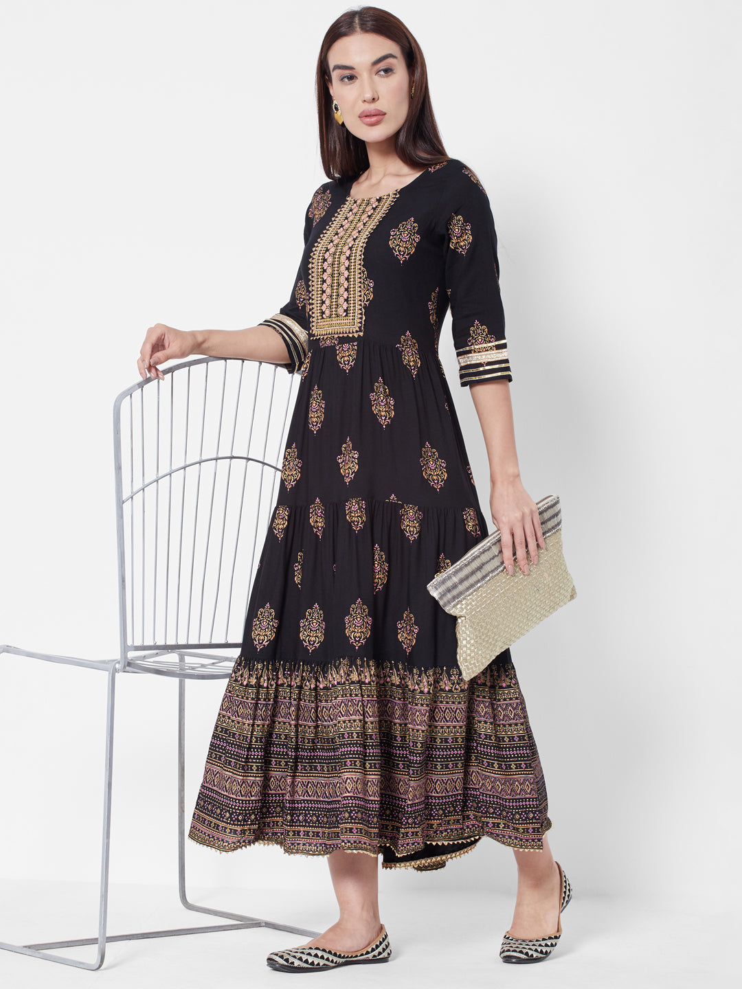 Vedic Ethnic Motifs Printed Tiered A-Line Ethnic Dress