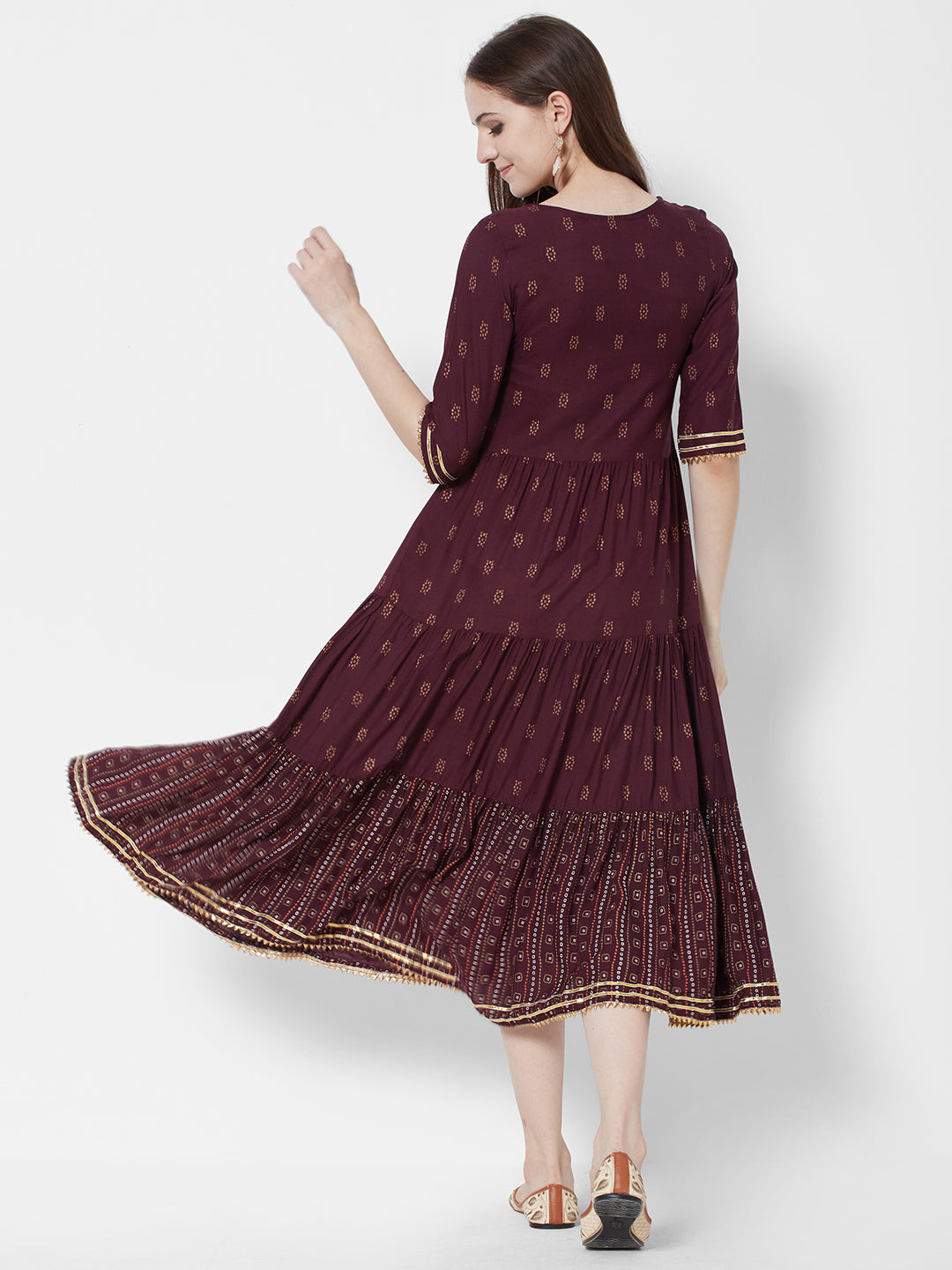 Vedic Printed Fit  Flare Tiered Midi Ethnic Dress