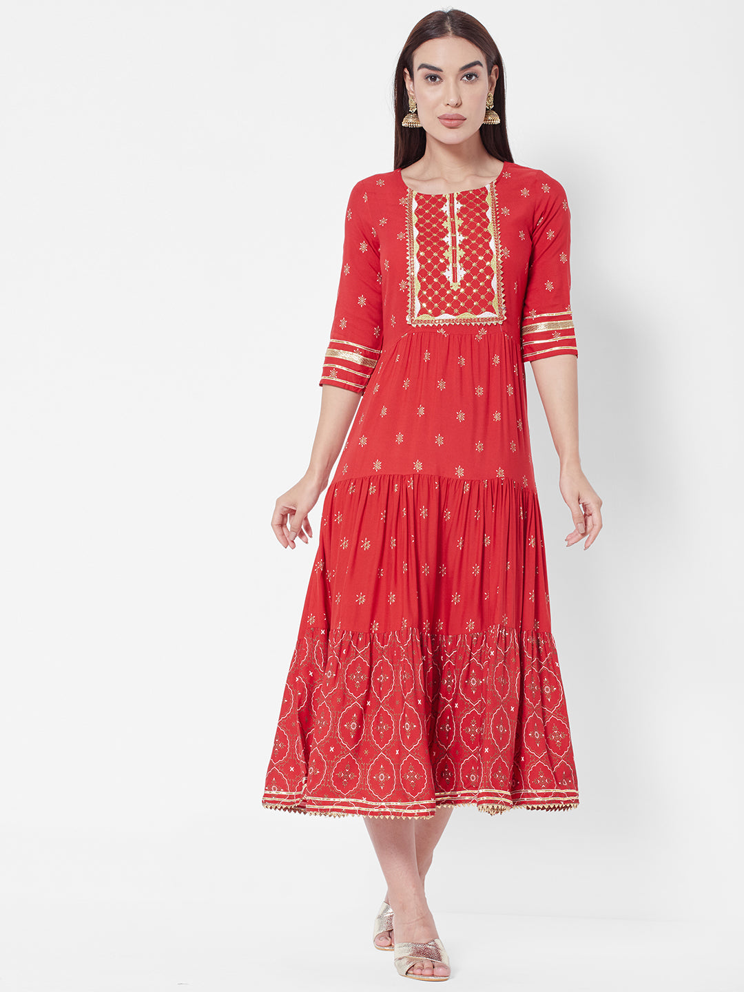 Vedic Floral Printed Sequinned Ethnic Tiered Ethnic Dress