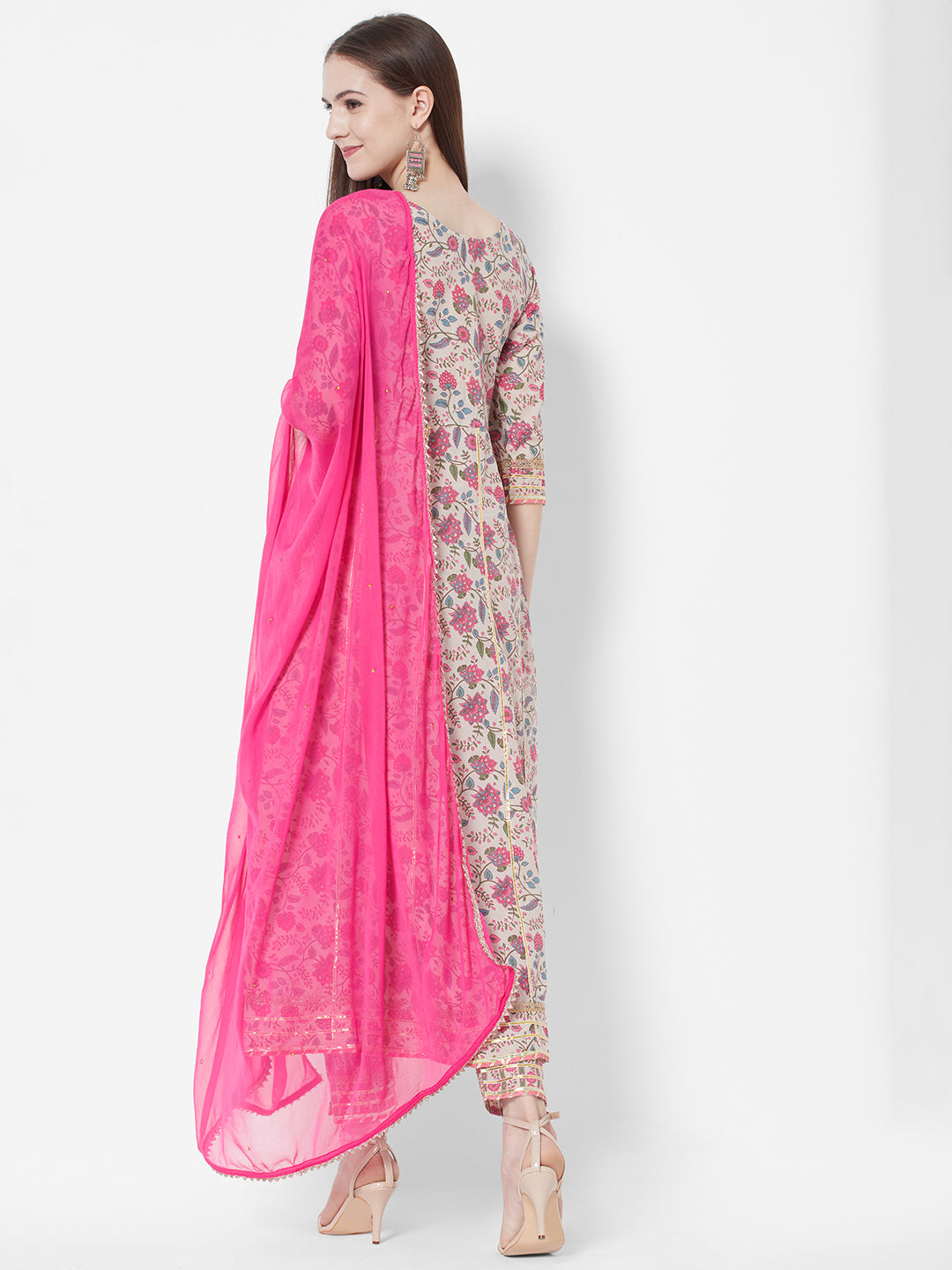 Vedic Women Pink Printed Liva Kurta with Trousers  With Dupatta