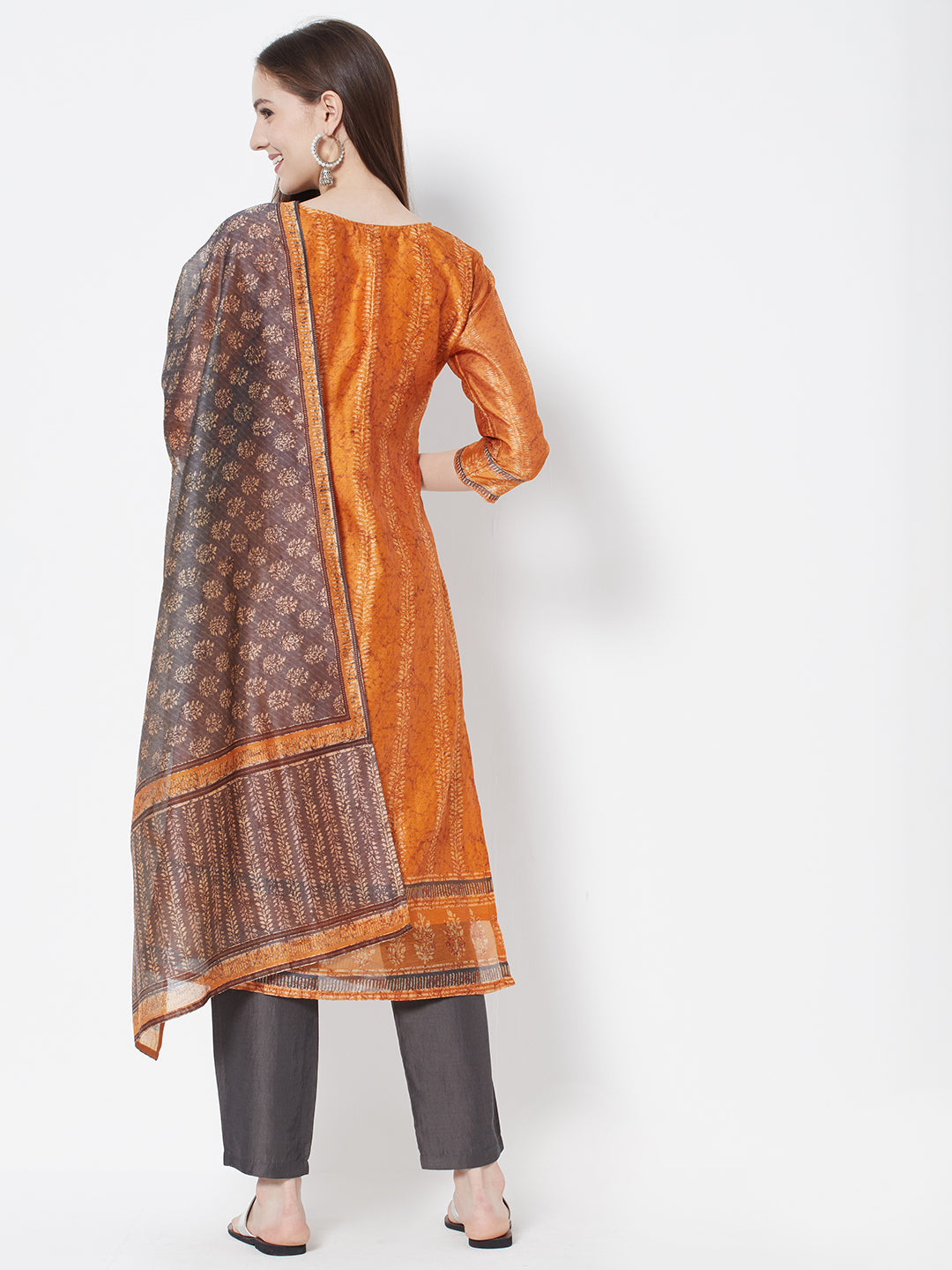 Vedic Women Orange Ethnic Motifs Chanderi Silk Kurta with Trousers  With Dupatta