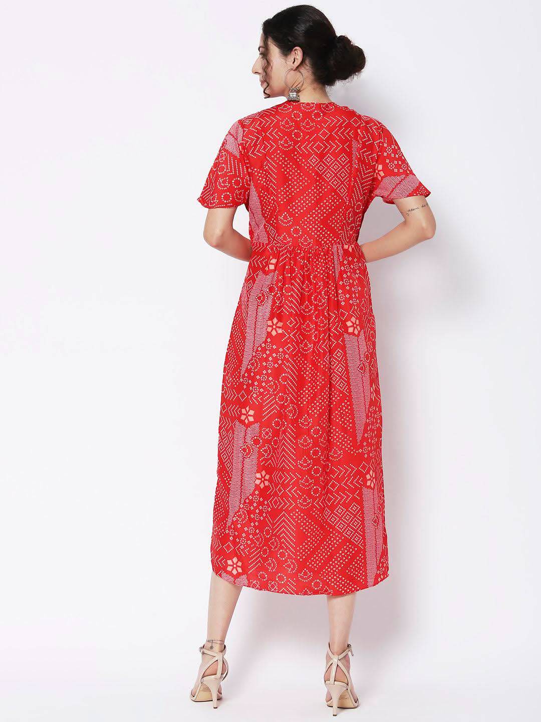 Vedic Ethnic Motifs Printed Midi Silk Kaftan Dress - Vedic Apparel Private Limited