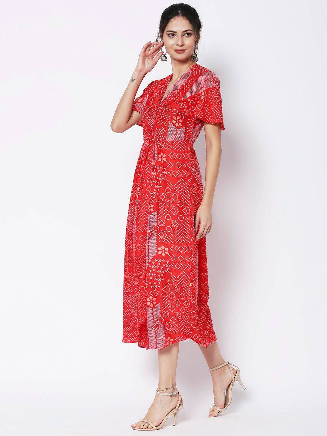 Vedic Ethnic Motifs Printed Midi Silk Kaftan Dress - Vedic Apparel Private Limited