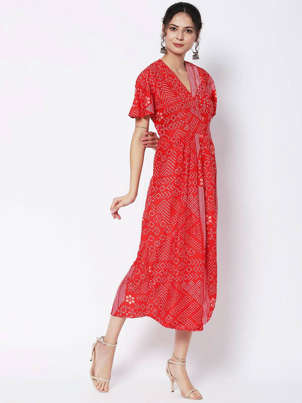 Vedic Ethnic Motifs Printed Midi Silk Kaftan Dress - Vedic Apparel Private Limited