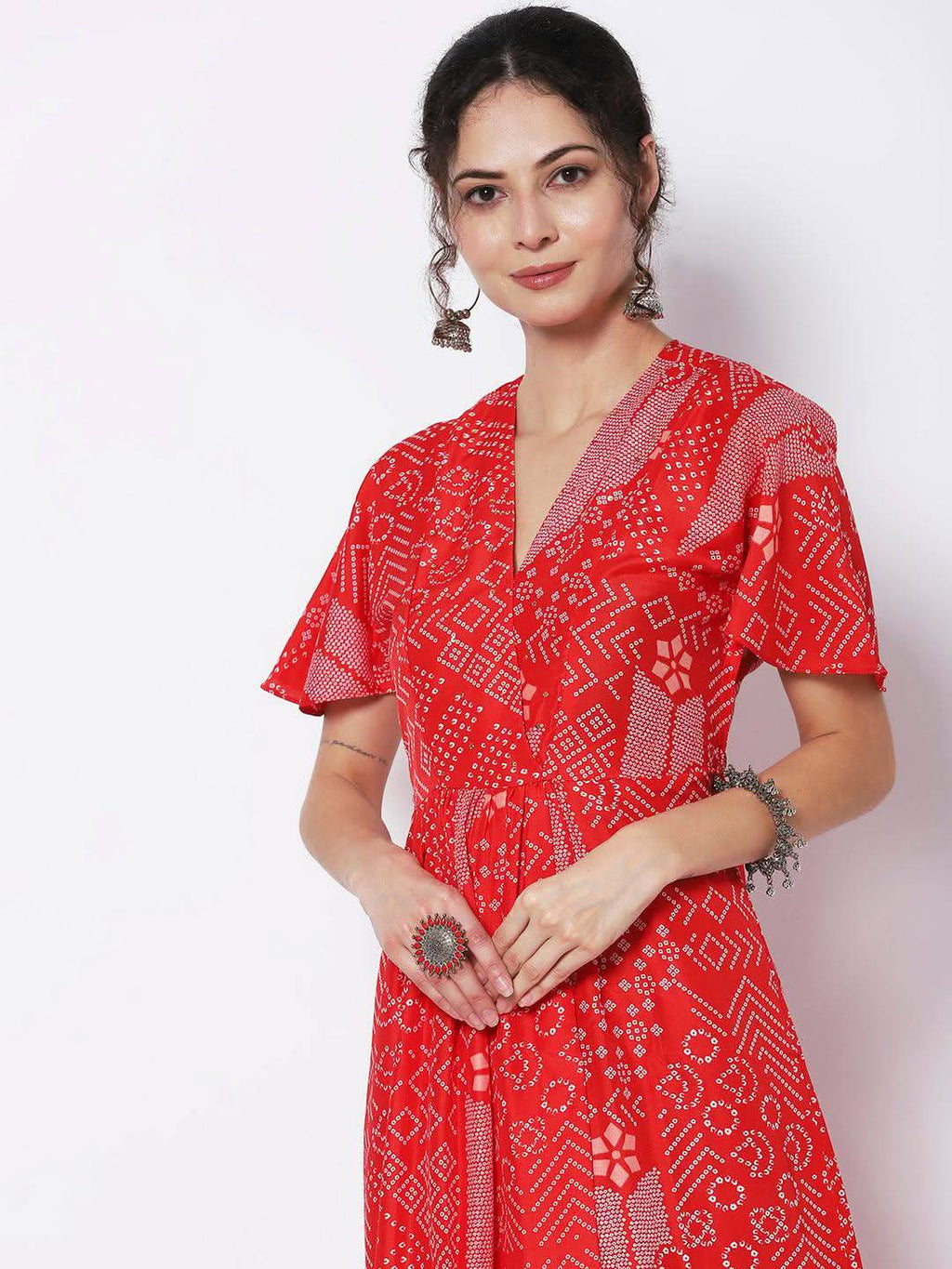Vedic Ethnic Motifs Printed Midi Silk Kaftan Dress - Vedic Apparel Private Limited