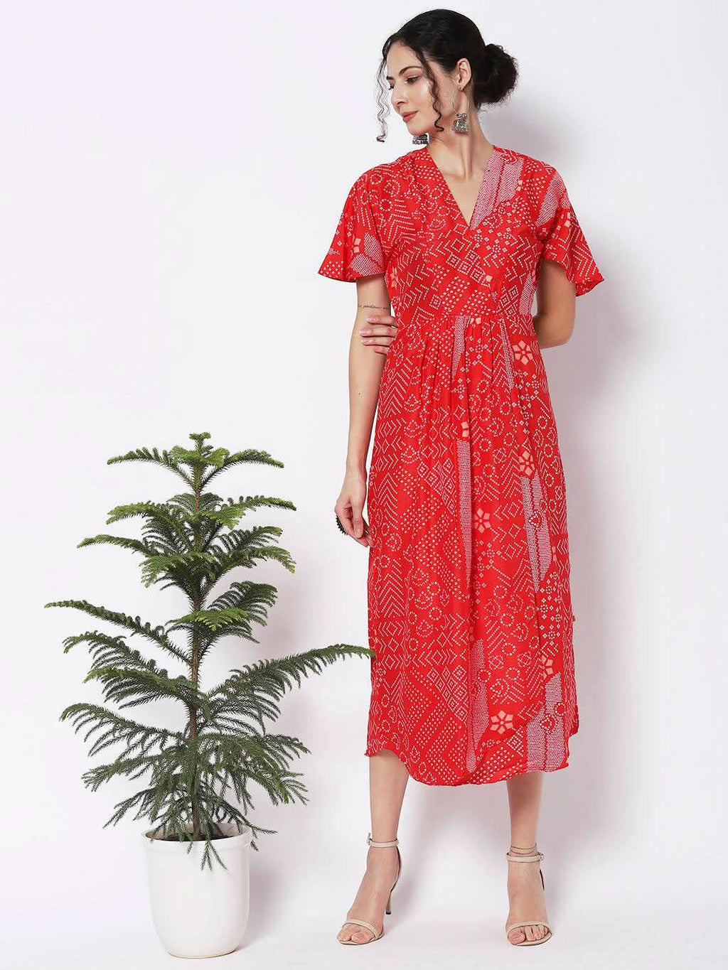 Vedic Ethnic Motifs Printed Midi Silk Kaftan Dress - Vedic Apparel Private Limited