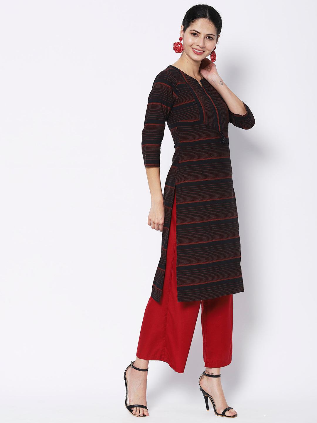Vedic Women Black Striped Cotton Kurta