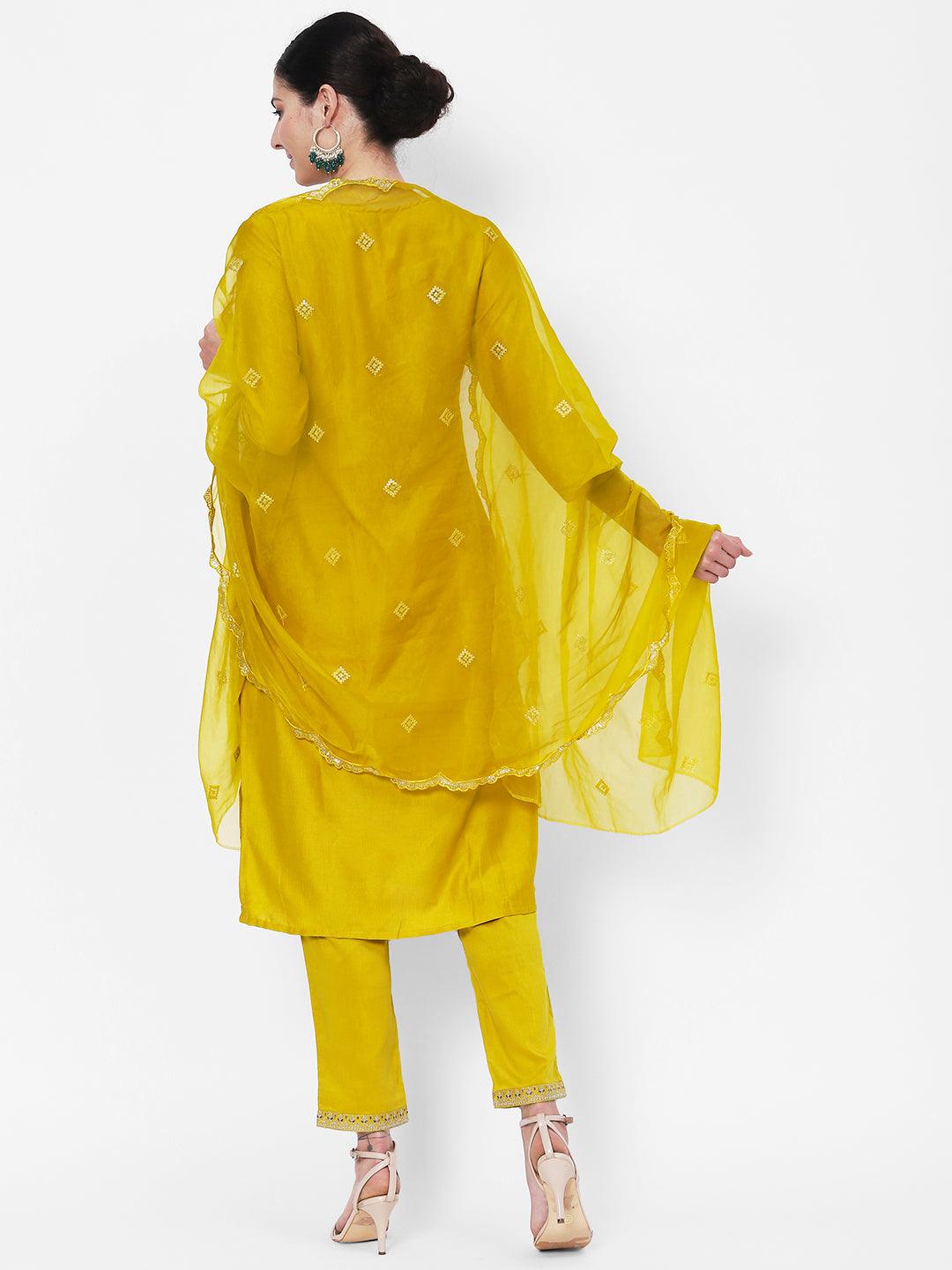 Vedic Women Yellow Ethnic Motifs Embroidered Thread Work Kurta - Vedic Apparel Private Limited