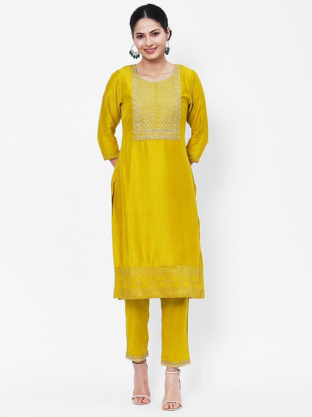 Vedic Women Yellow Ethnic Motifs Embroidered Thread Work Kurta - Vedic Apparel Private Limited