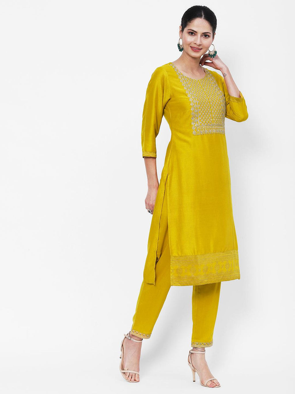 Vedic Women Yellow Ethnic Motifs Embroidered Thread Work Kurta - Vedic Apparel Private Limited