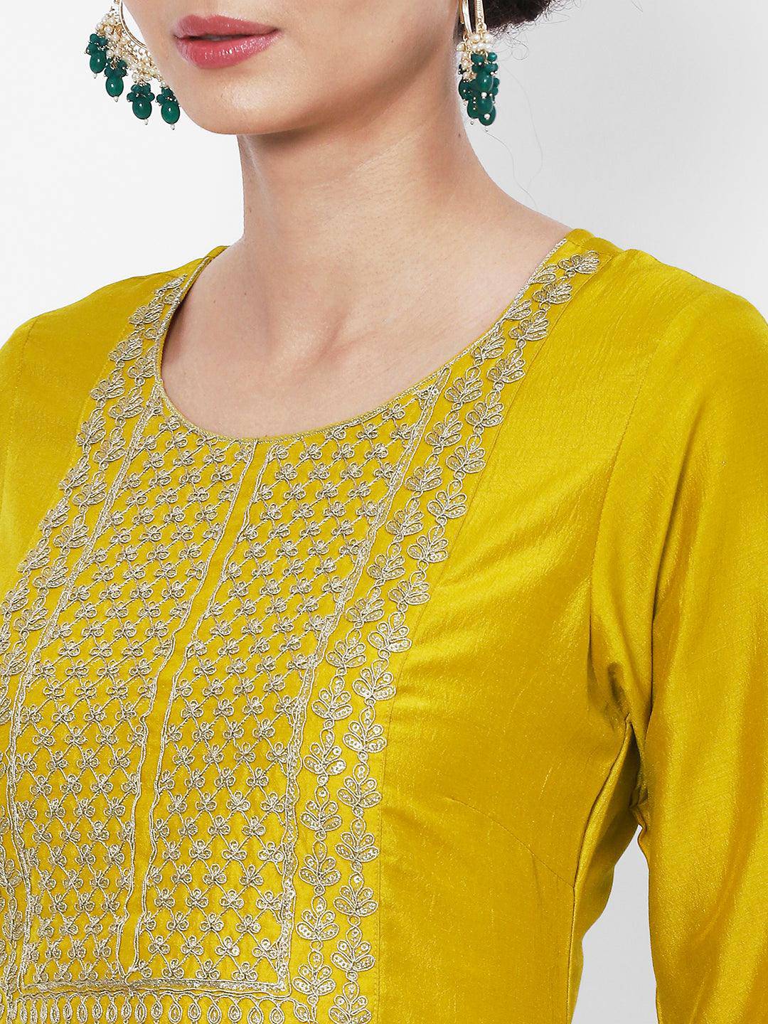 Vedic Women Yellow Ethnic Motifs Embroidered Thread Work Kurta - Vedic Apparel Private Limited