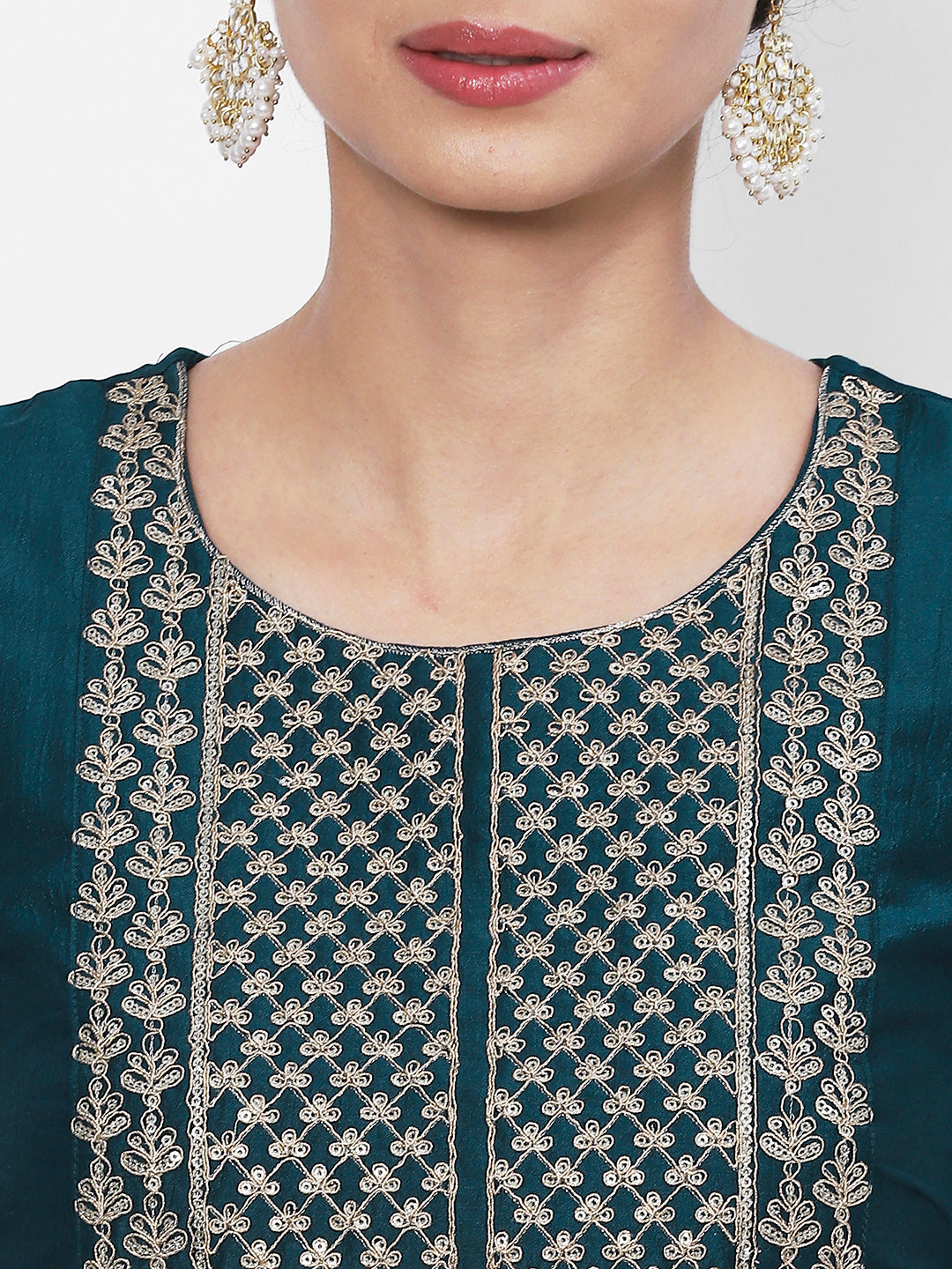 Vedic Women Teal Geometric Embroidered Sequinned Kurta