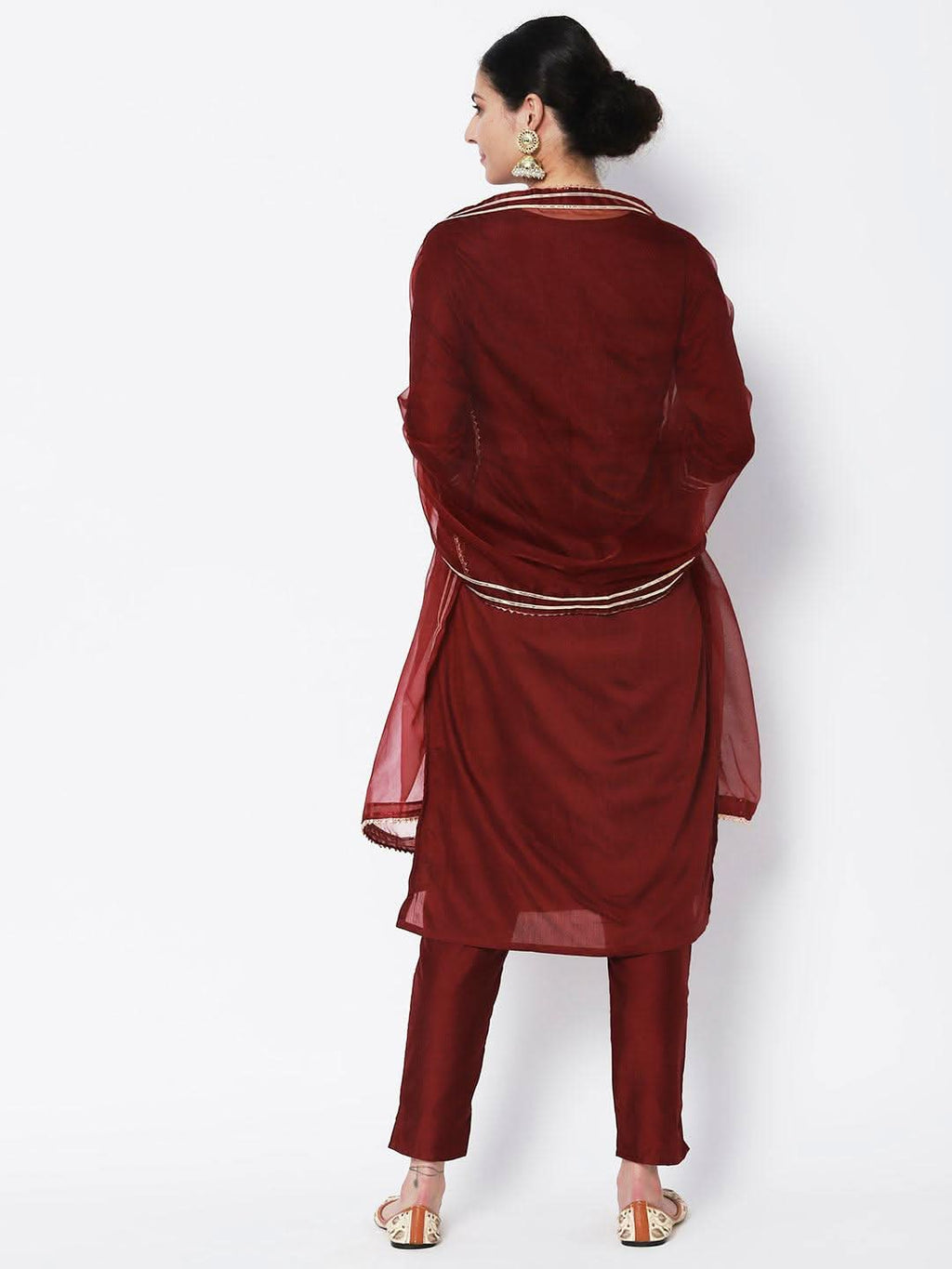 Vedic Women Maroon Yoke Design Sequinned Chanderi Silk Kurta with Trousers Dupatta - Vedic Apparel Private Limited