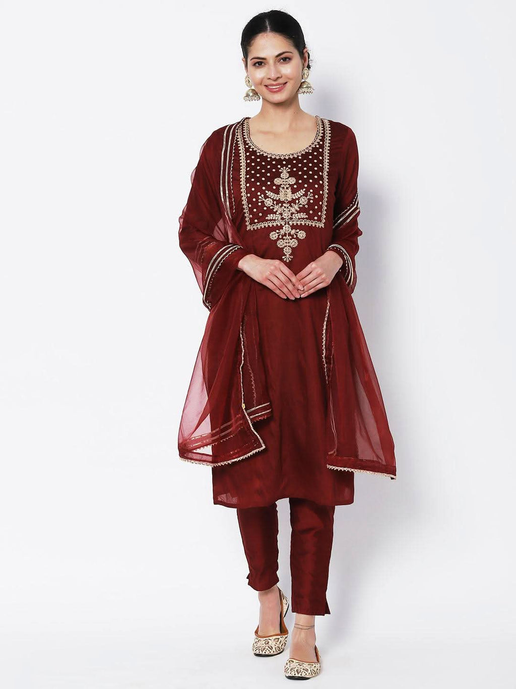 Vedic Women Maroon Yoke Design Sequinned Chanderi Silk Kurta with Trousers Dupatta - Vedic Apparel Private Limited