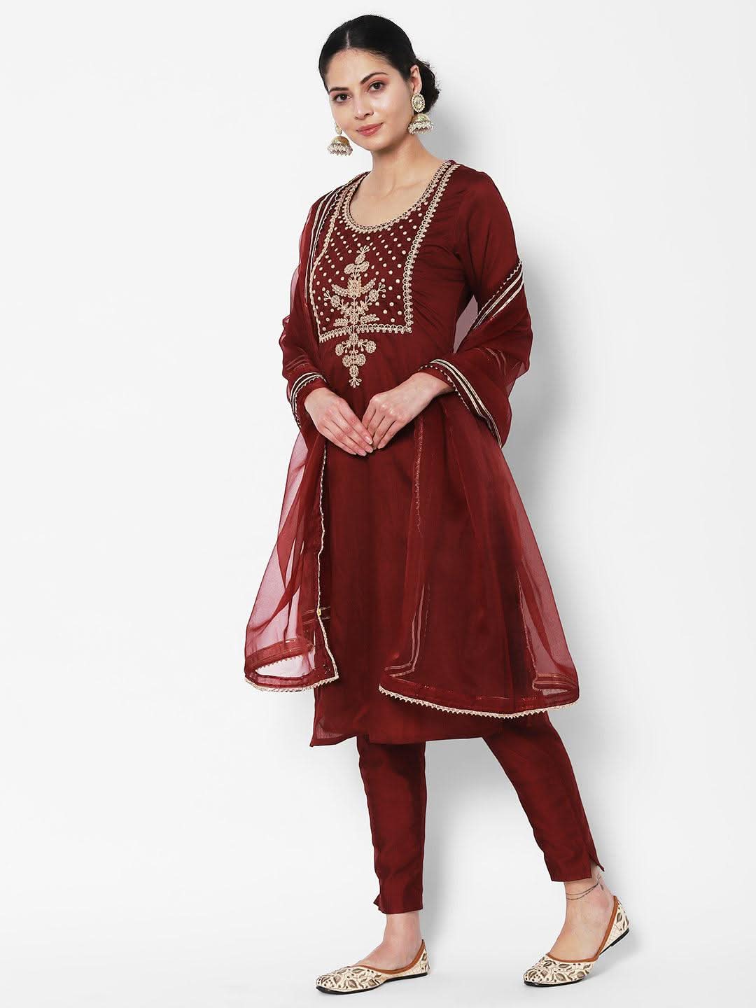 Vedic Women Maroon Yoke Design Sequinned Chanderi Silk Kurta with Trousers Dupatta - Vedic Apparel Private Limited