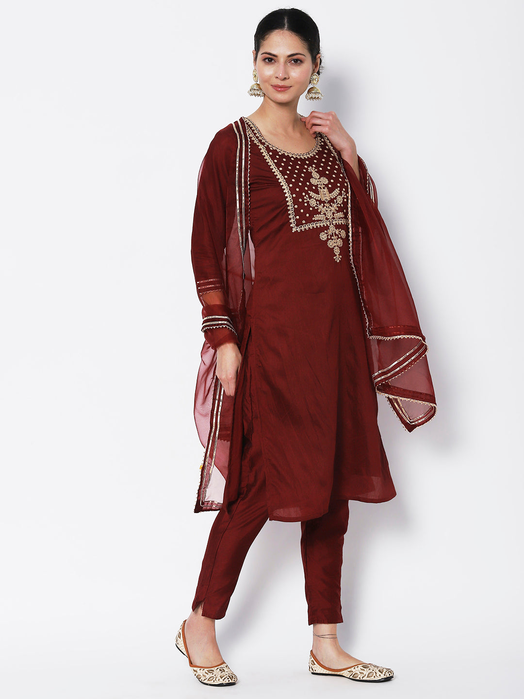 Vedic Women Maroon Yoke Design Sequinned Chanderi Silk Kurta with Trousers  Dupatta