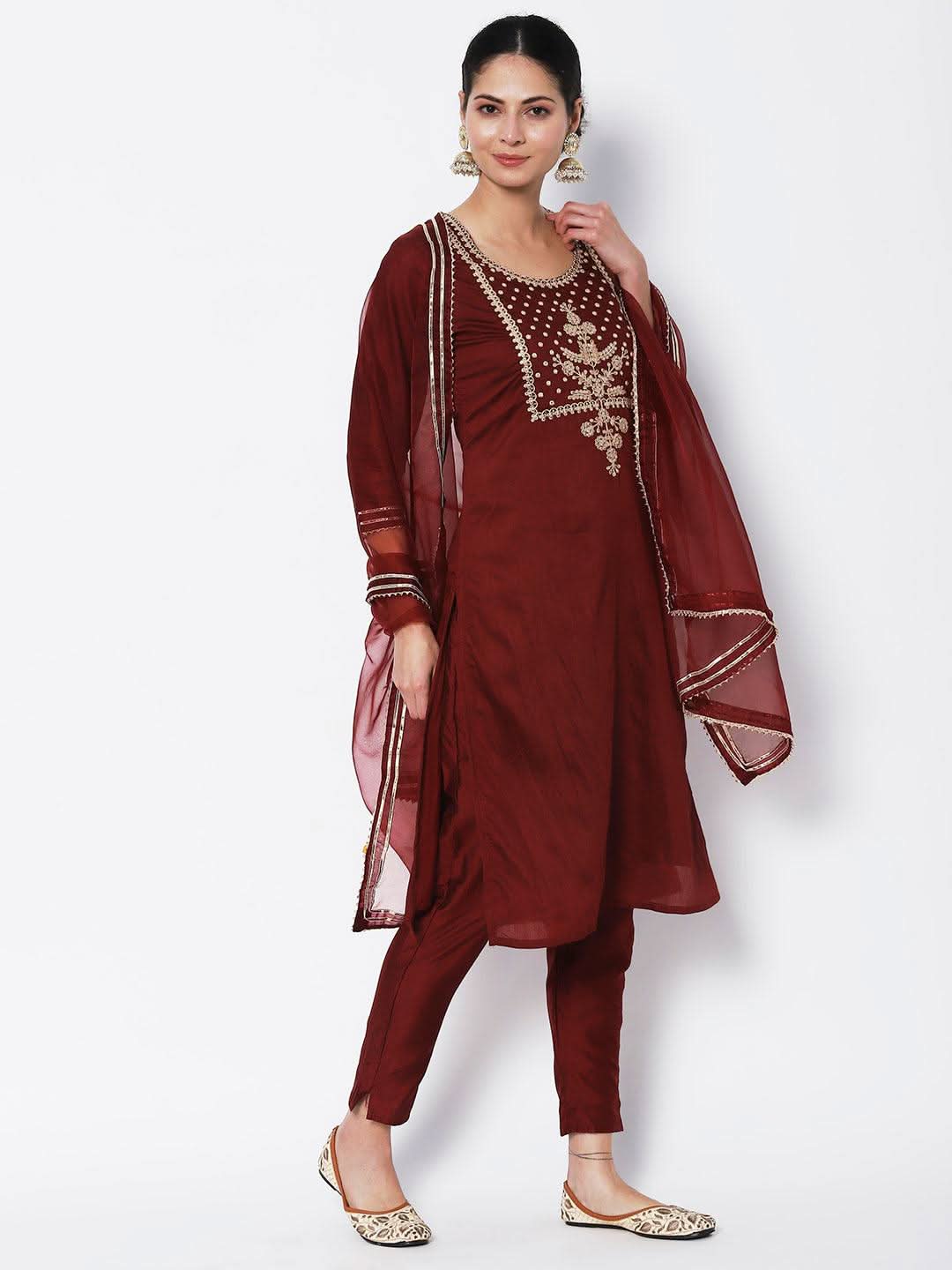 Vedic Women Maroon Yoke Design Sequinned Chanderi Silk Kurta with Trousers Dupatta - Vedic Apparel Private Limited