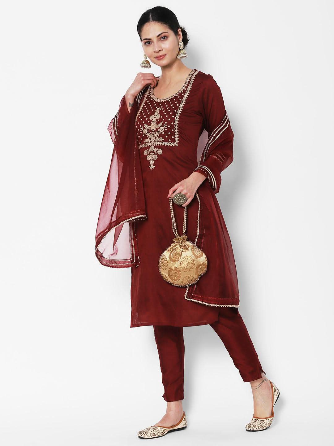 Vedic Women Maroon Yoke Design Sequinned Chanderi Silk Kurta with Trousers Dupatta - Vedic Apparel Private Limited