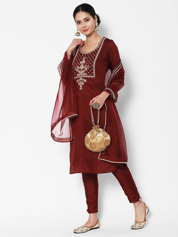 Vedic Women Maroon Yoke Design Sequinned Chanderi Silk Kurta with Trousers  Dupatta