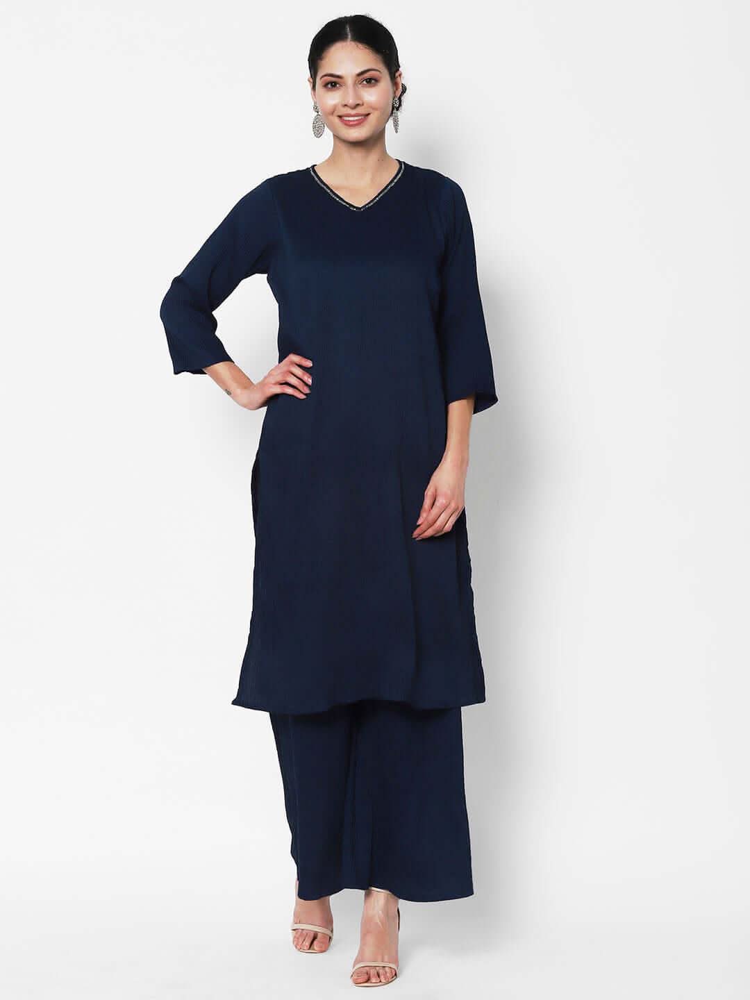 Vedic Women Blue Regular Sequinned Pure Silk Kurta with Palazzos - Vedic Apparel Private Limited