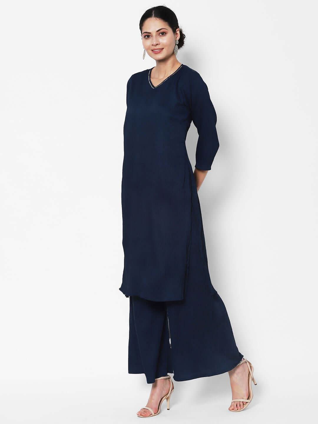 Vedic Women Blue Regular Sequinned Pure Silk Kurta with Palazzos - Vedic Apparel Private Limited