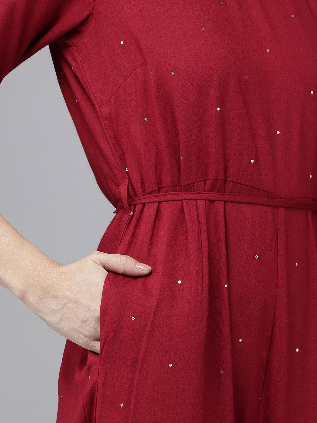 Vedic Maroon Embroidered Jumpsuit for Women - Vedic Apparel Private Limited