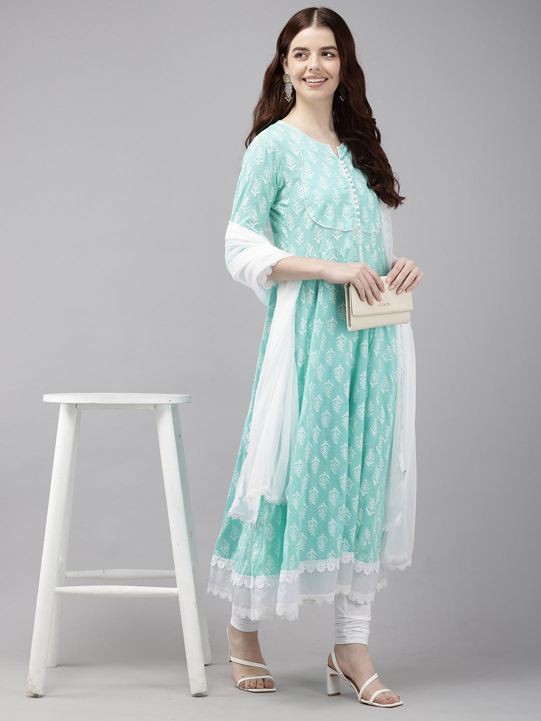 Vedic Sky blue Anarkali Kurta Pant Dupatta - Vedic Apparel Private Limited