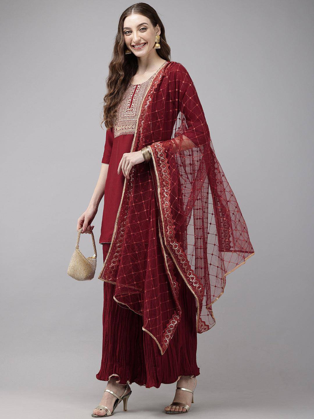 Vedic Women Embroidery Kurta Sharara Dupatta (Maroon).
