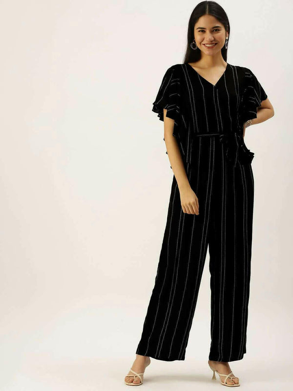 Vedic Black  White Striped Flutter Sleeves Basic Jumpsuit