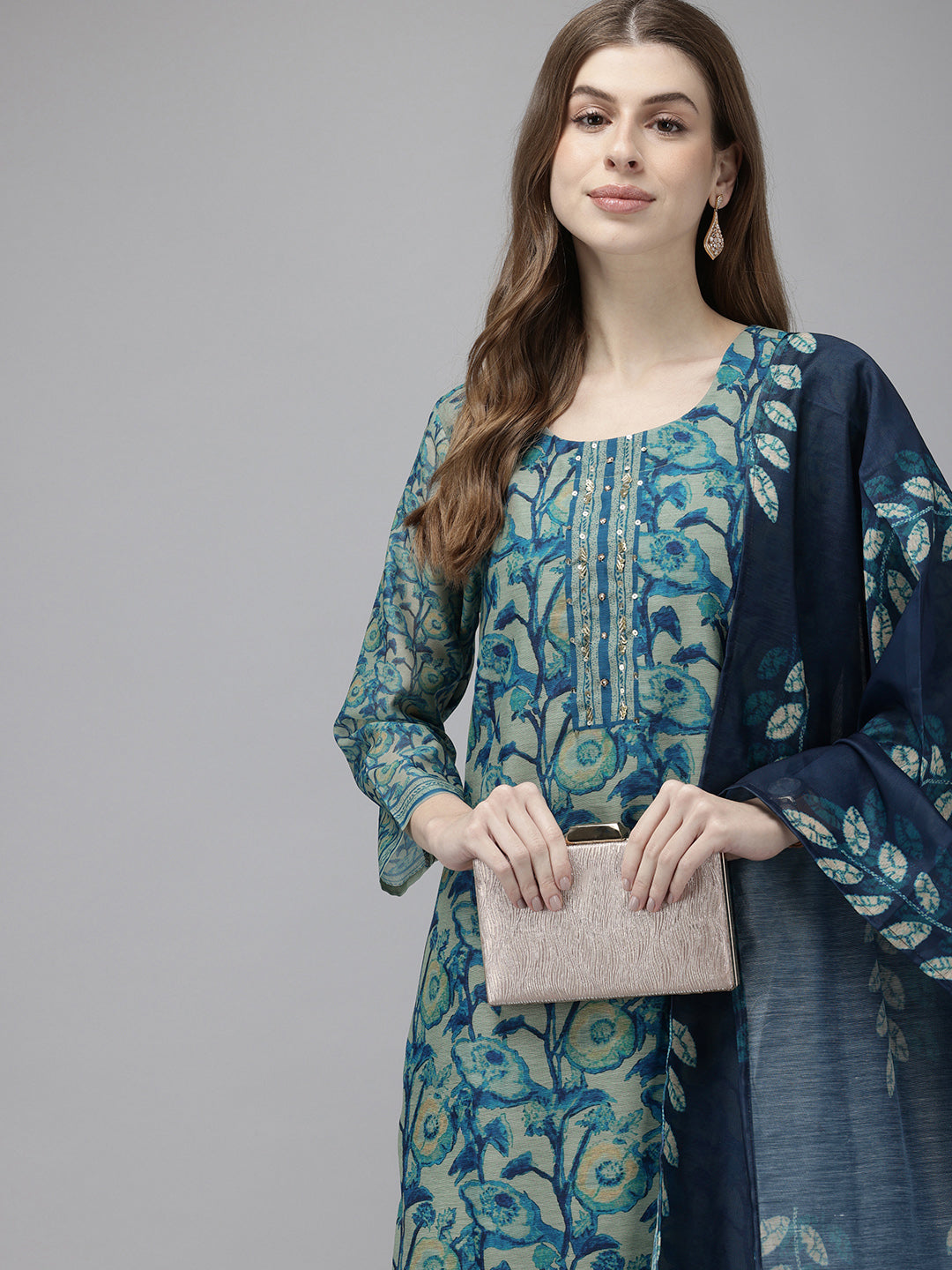 Vedic 3 piece chanderi silk blue set.