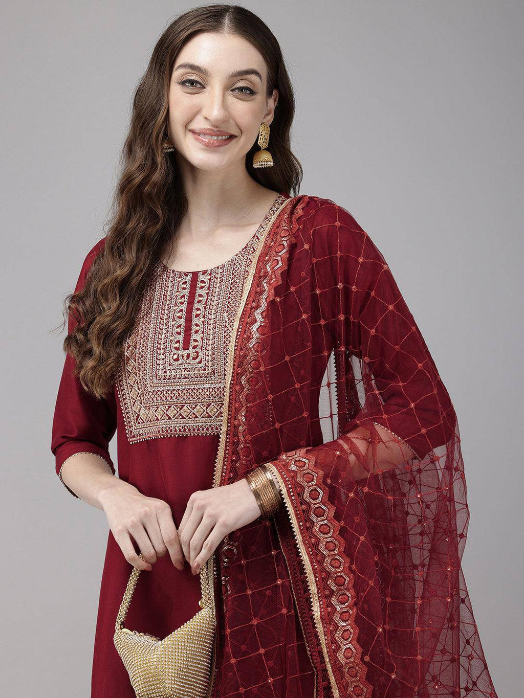 Vedic Women Embroidery Kurta Sharara Dupatta (Maroon).
