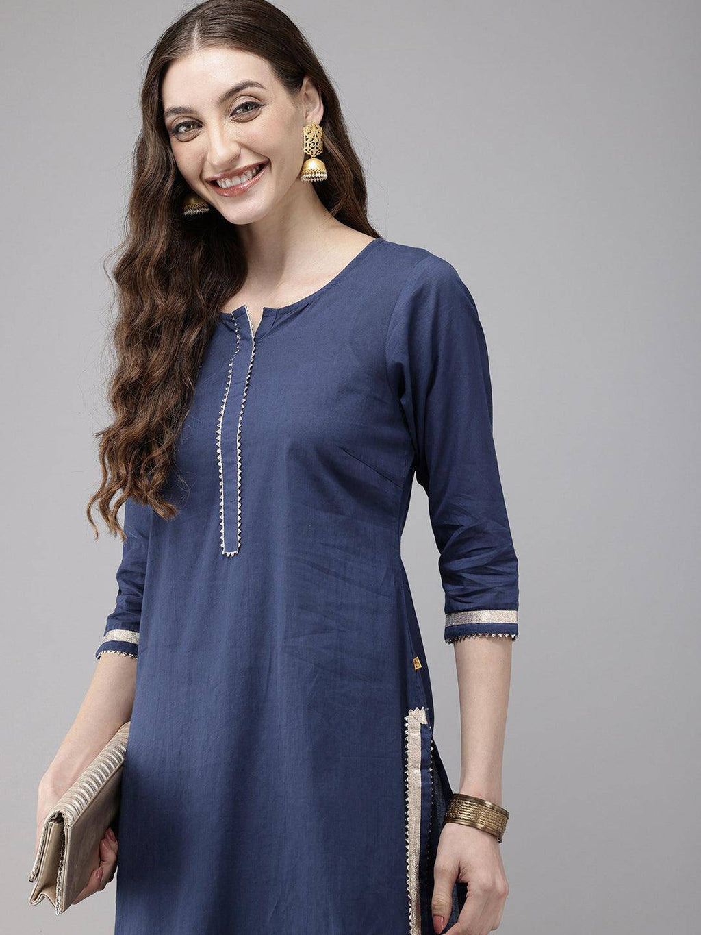 Vedic Women Embellished Laced Straight Kurta And Plazzo(Blue).