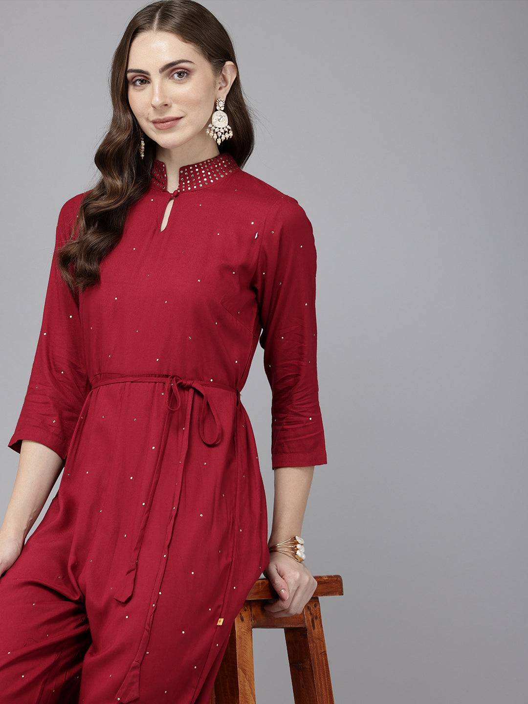 Vedic Maroon Embroidered Jumpsuit for Women