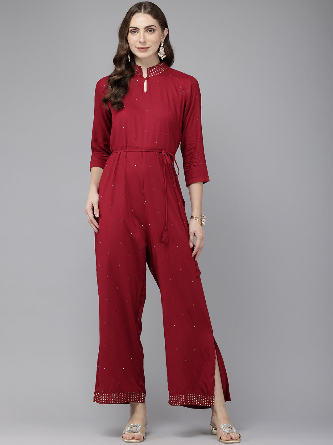 Vedic Maroon Embroidered Jumpsuit for Women