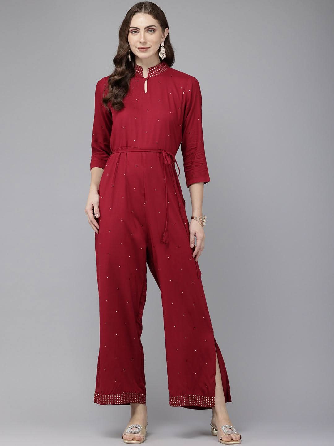 Vedic Maroon Embroidered Jumpsuit for Women - Vedic Apparel Private Limited
