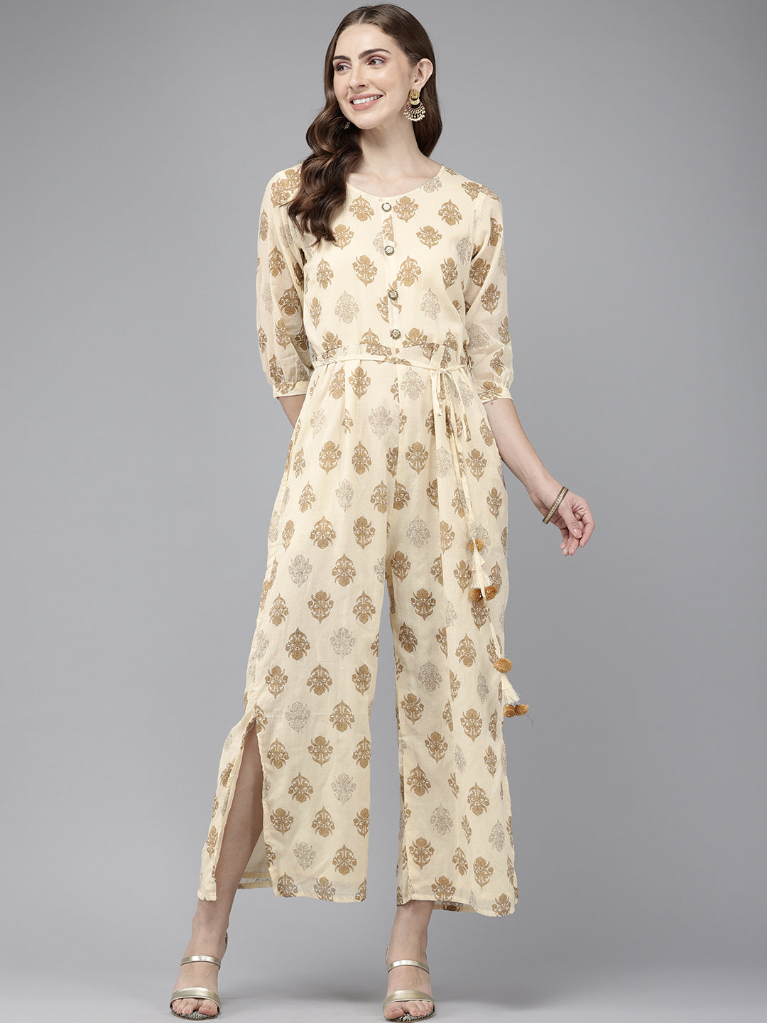 Vedic Cream Embroidered Jumpsuit for Women