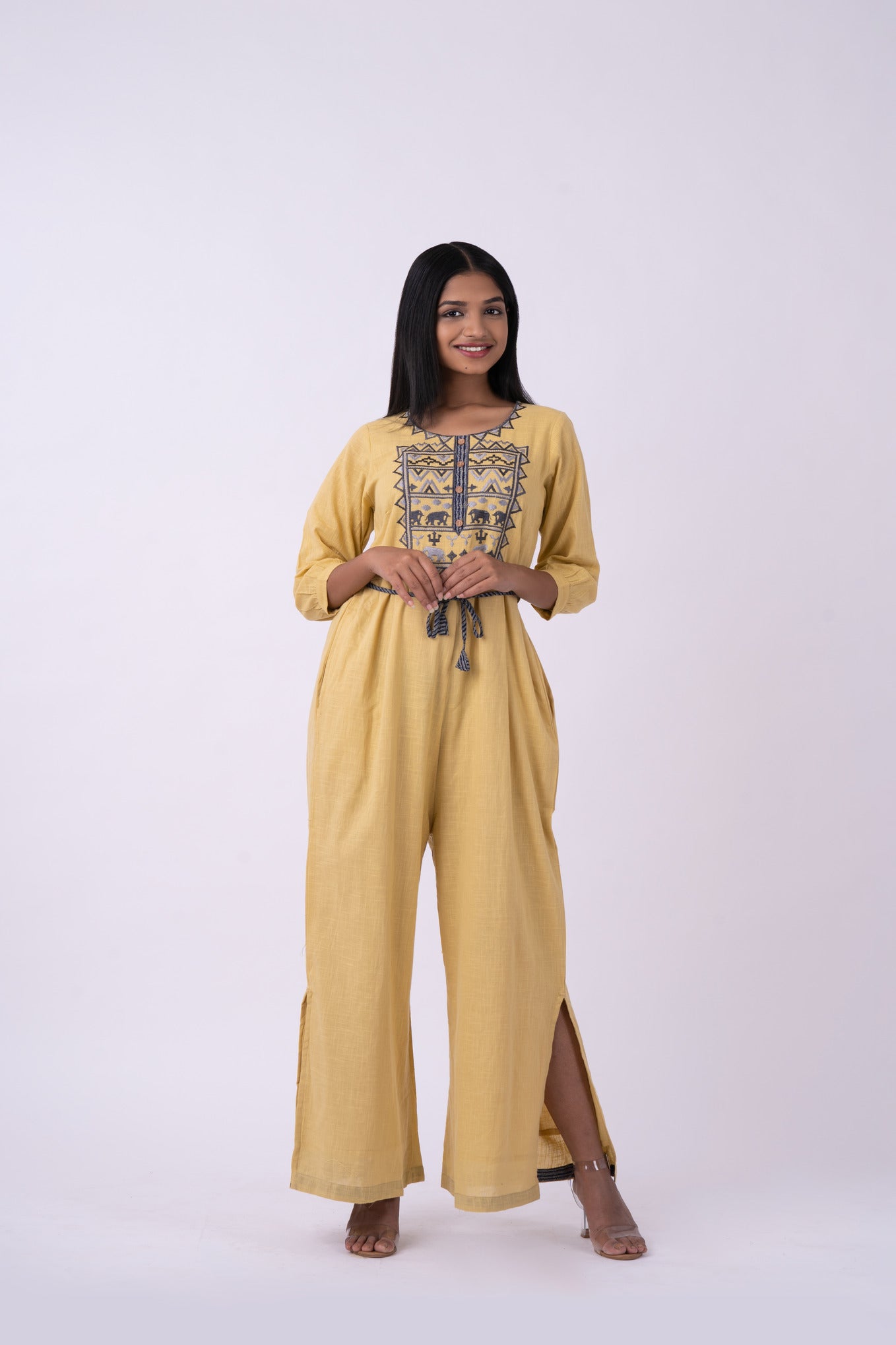 Vedic Yellow Embroidered Jumpsuit for women