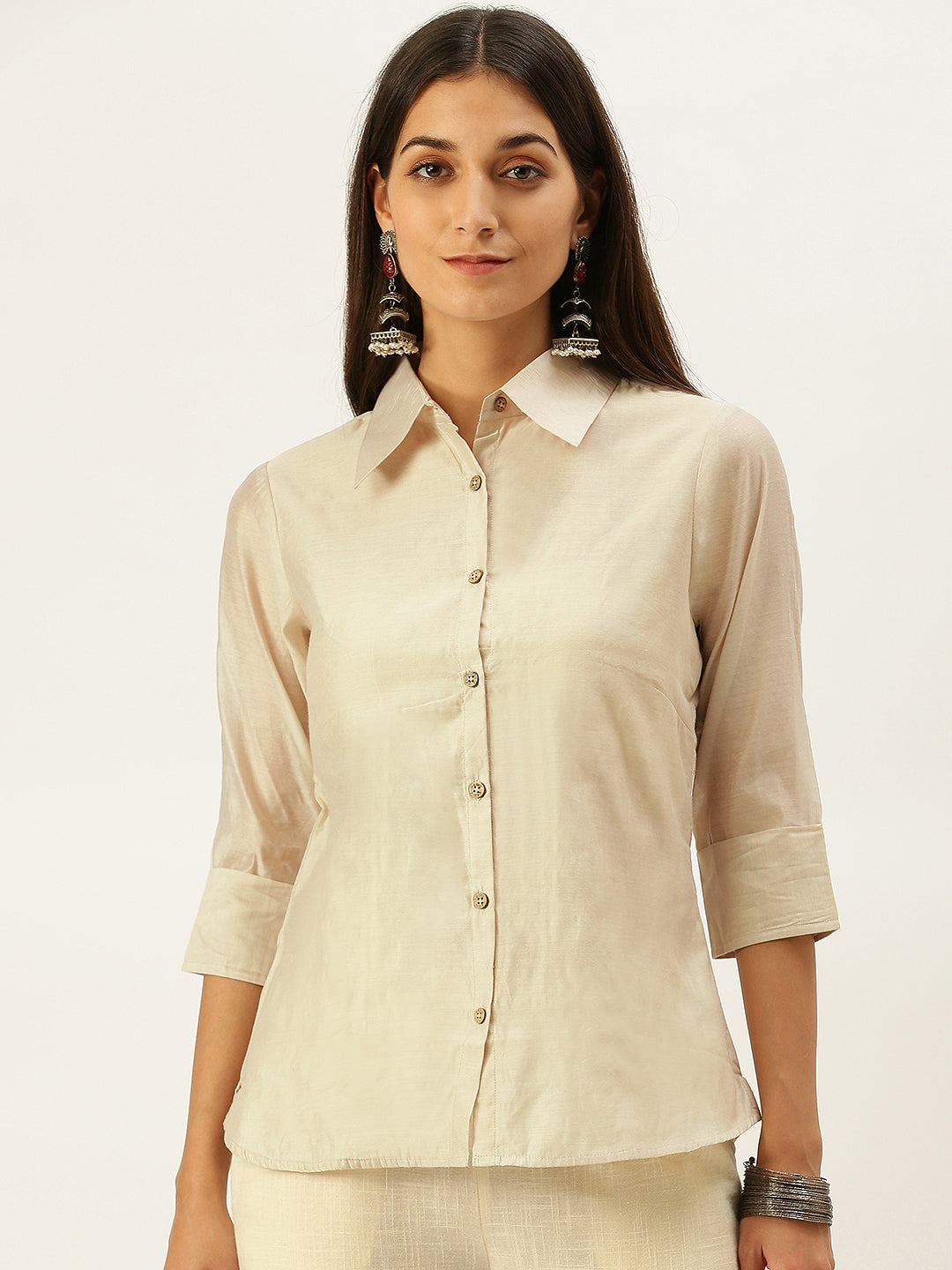 Vedic Gold-Toned  Gold-Toned Floral Printed Shirt Collar Chanderi Cotton Kurti
