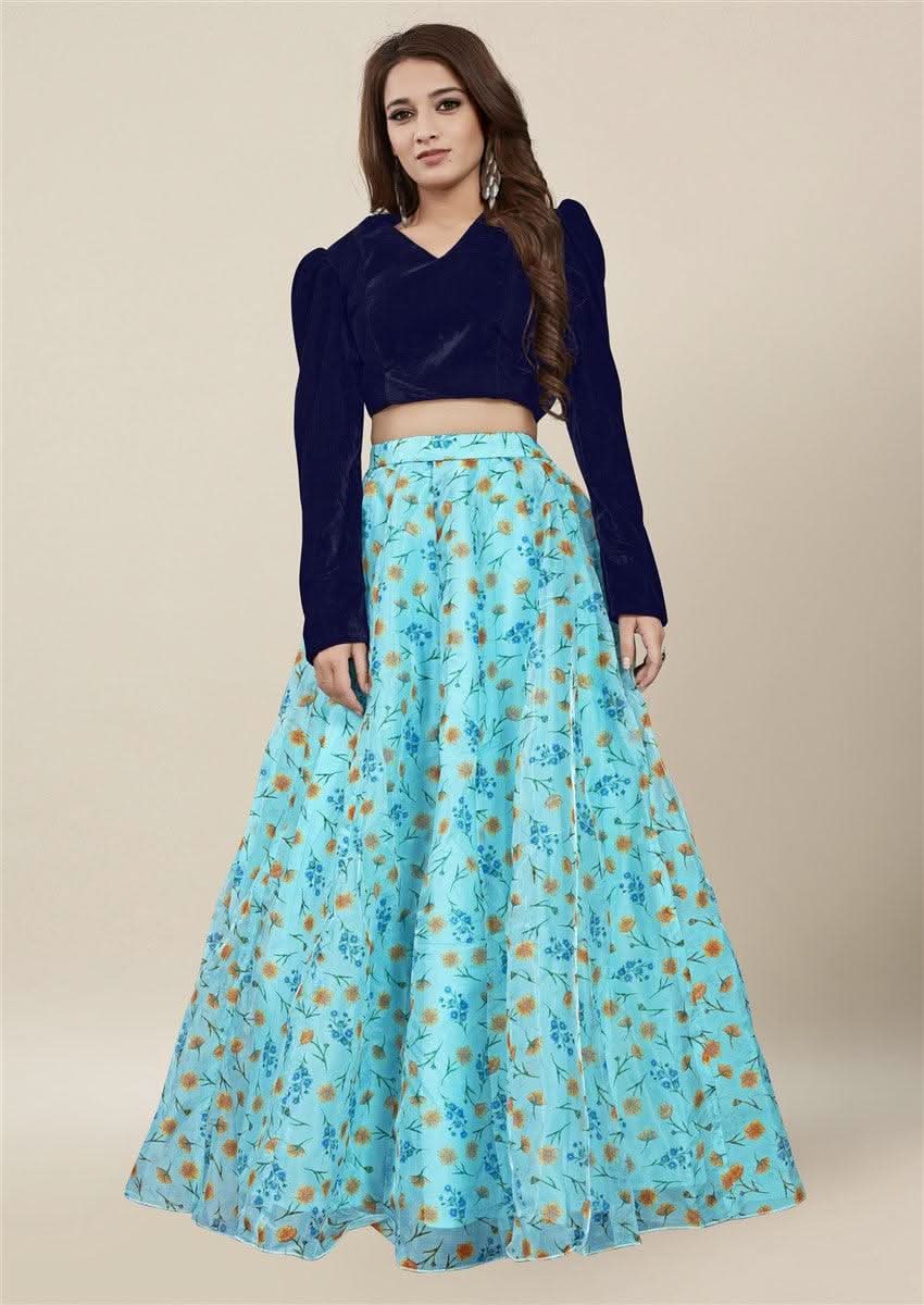 Vedic Skyblue Floral Printed Skirt - Vedic Apparel Private Limited