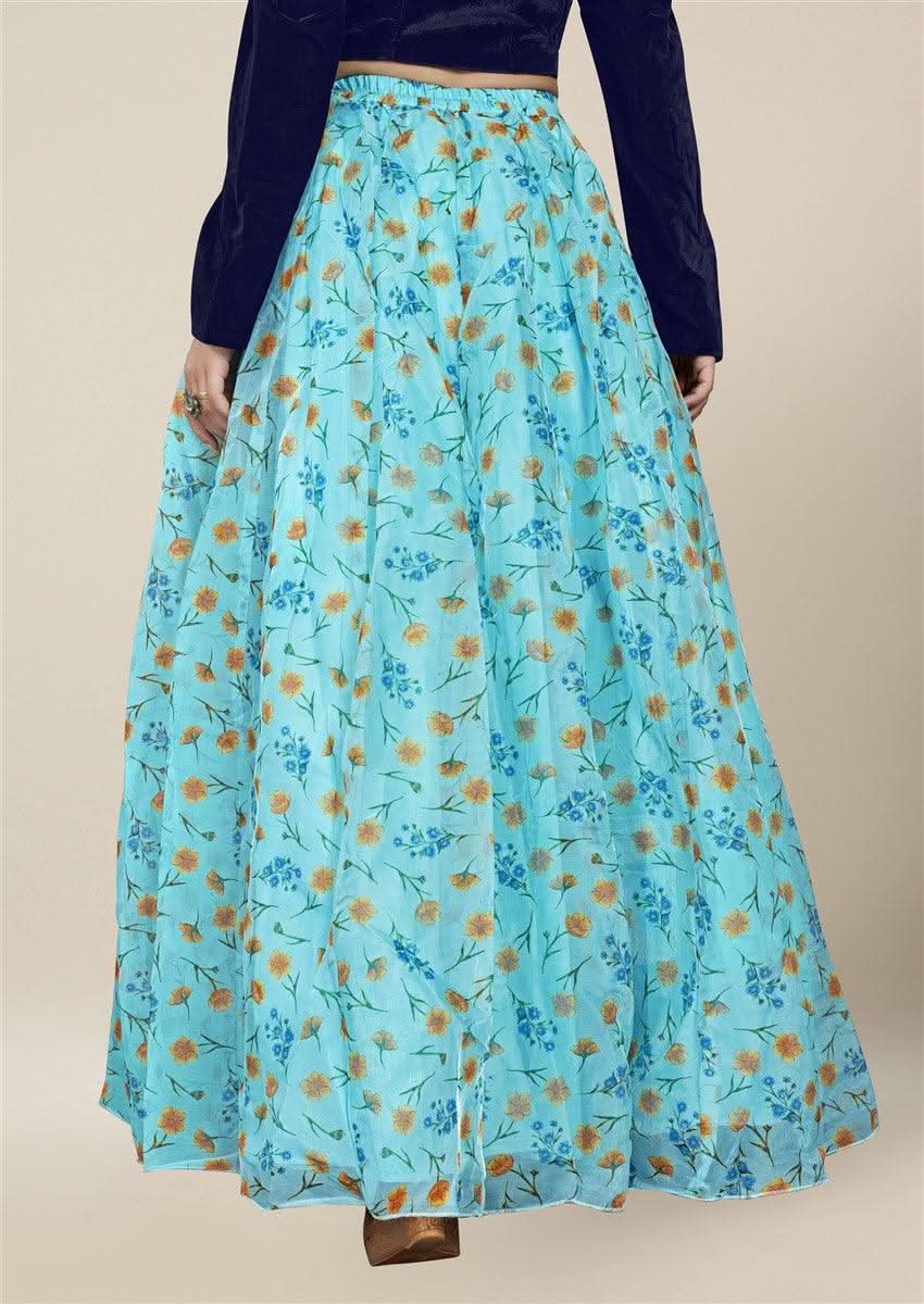 Vedic Skyblue Floral Printed Skirt - Vedic Apparel Private Limited