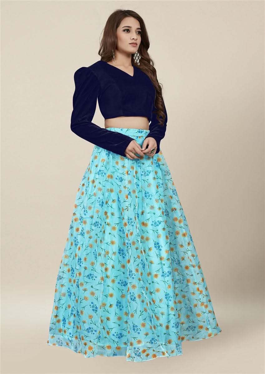 Vedic Skyblue Floral Printed Skirt - Vedic Apparel Private Limited